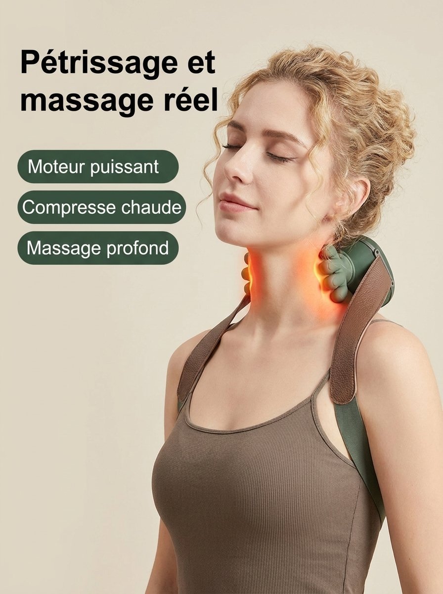 Masseur cou et épaules Les Mains d'Or en utilisation, pétrissage et chaleur